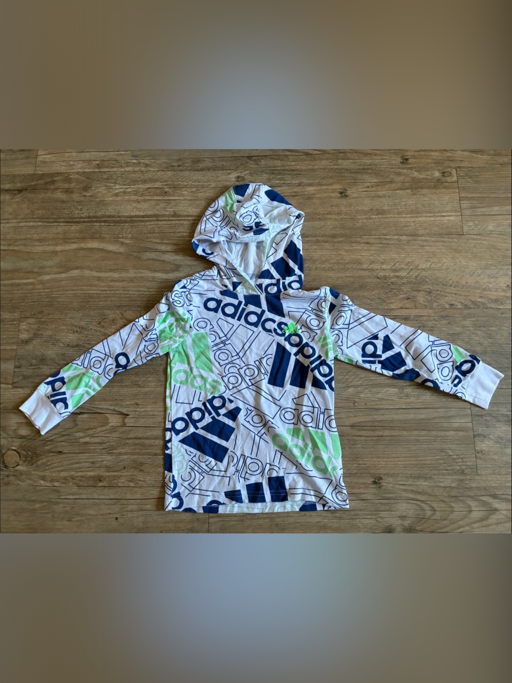 adidas White Hoodie with Navy & Lime Logo Print Long Sleeve Shirt